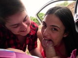 Brunette Village Beauty Delivers Outdoor Blowjob Show